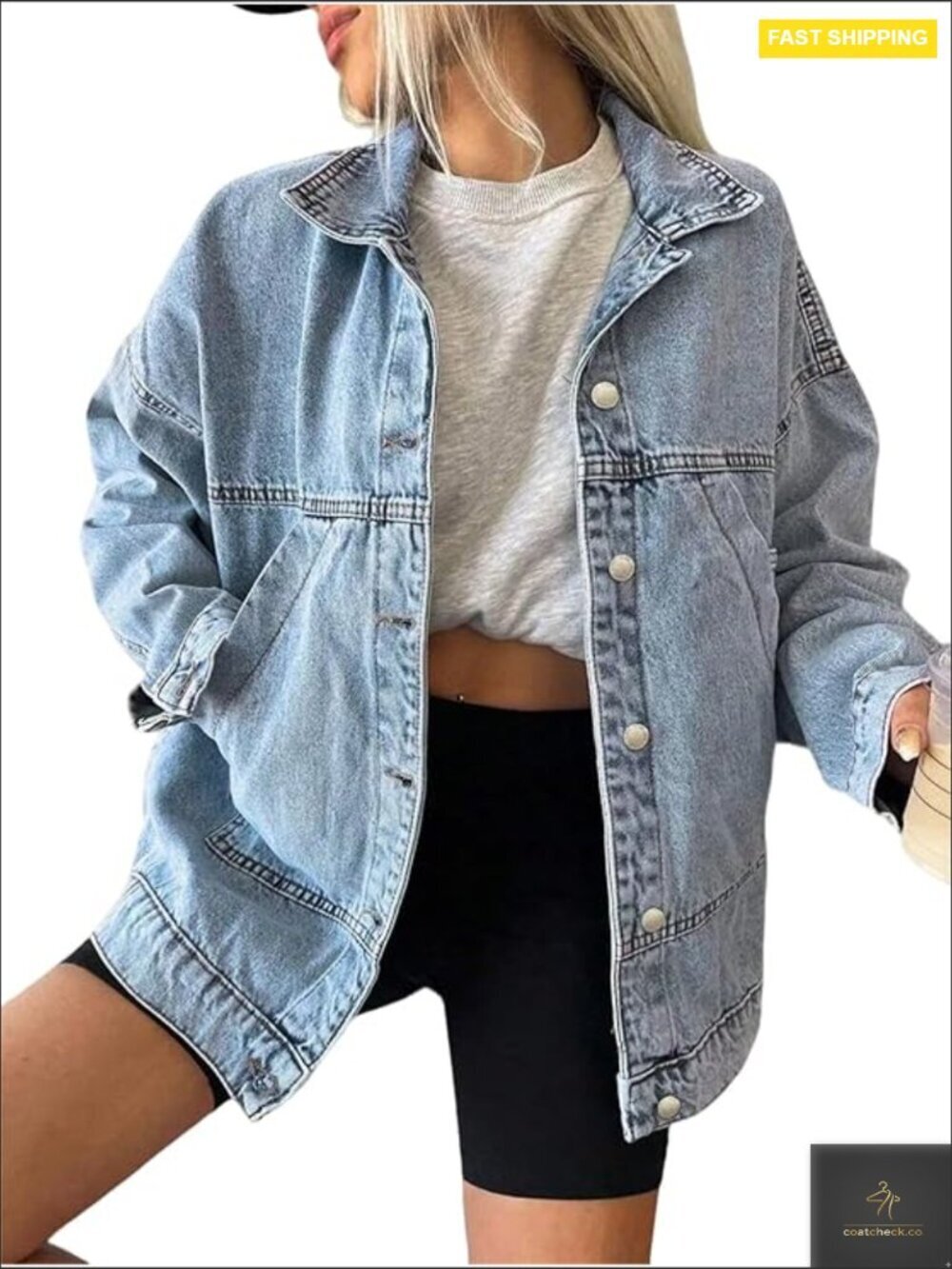 Distressed Denim Jacket Classic Trucker Boyfriend Style Loose Fit Long Sleeve